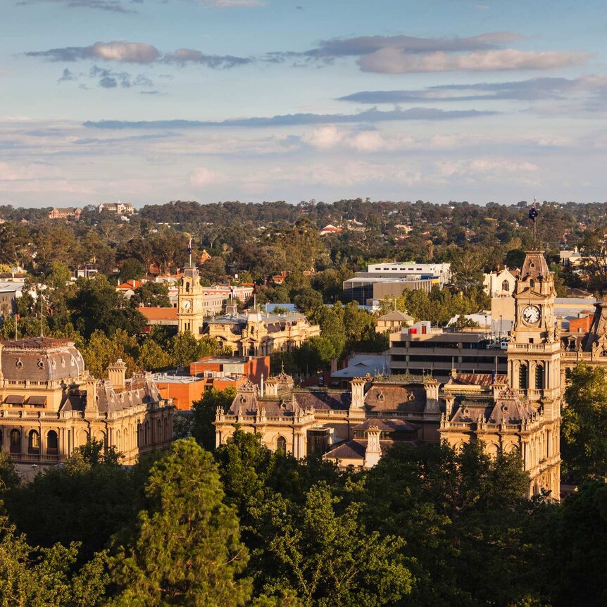 The Bendigo city skyline, including gold rush era architecture, surrounded by treetops