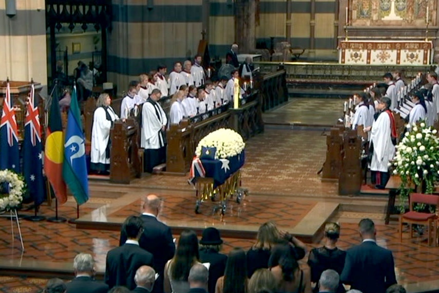 The coffin of Ron Walker in church at a state funeral in Melbourne.