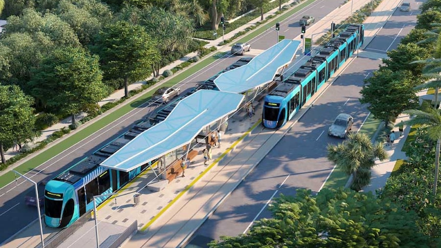 An artistic impression of tram travelling along a roadway with cars, cyclists, trees and beach in the background
