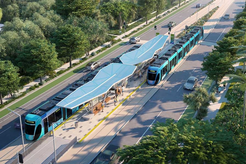 An artistic impression of tram travelling along a roadway with cars, cyclists, trees and beach in the background