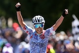 Australia's Nicole Frain celebrating at finish line as race winner during the Australian Cycling National Championships