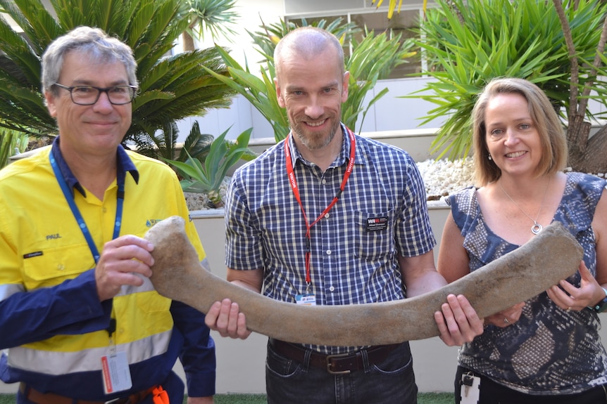 Two men and a woman hold a large, curved whale bone