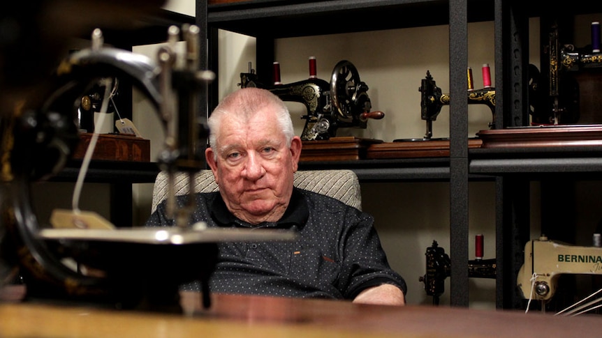 Jim Young in his sewing machine shed.