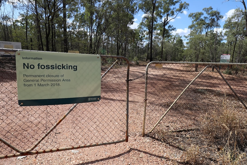 A sign on a fence in central Queensland in Clermont saying the area is closed to gold fossickers