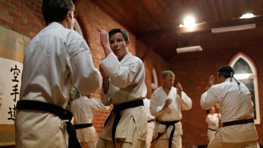 Goju-Ryu karate students spar in Sandford, Tasmania