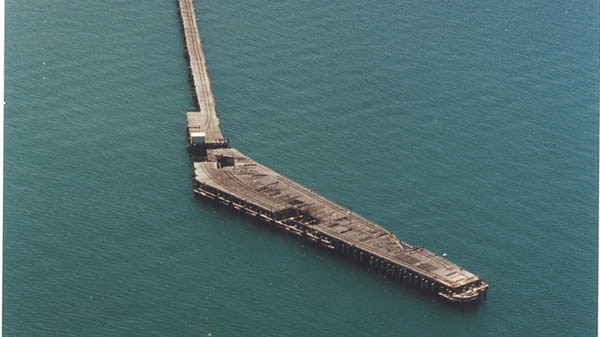 An aerial shot of Carnarvon's historic One Mile jetty taken in the 1990s