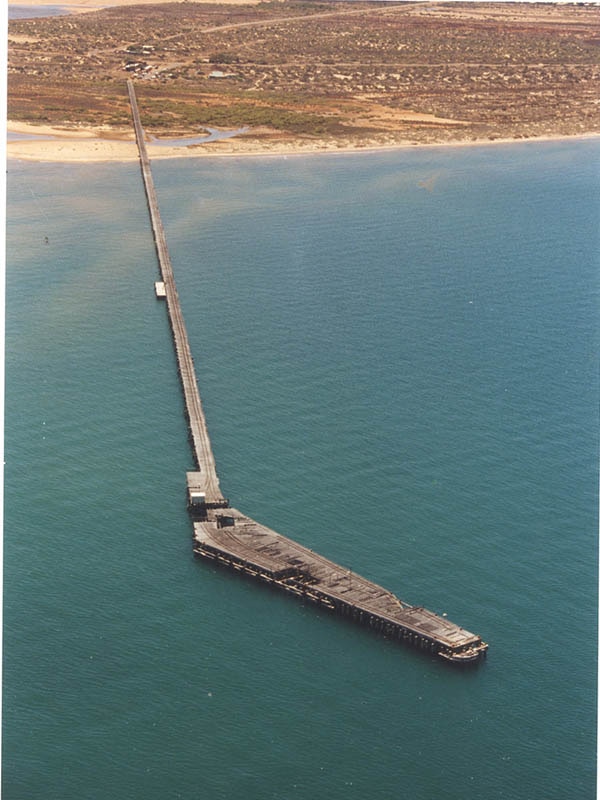 An aerial shot of Carnarvon's historic One Mile jetty taken in the 1990s