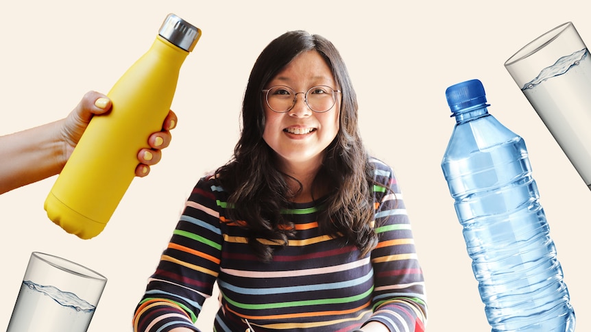 Jennifer Wong surrounded by glasses and a water bottle, in a story about trying to drink 8 cups of water a day.