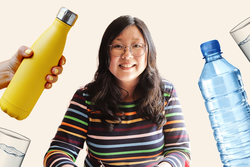 Jennifer Wong surrounded by two glasses, a water bottle, and a hand offering a yellow thermos.