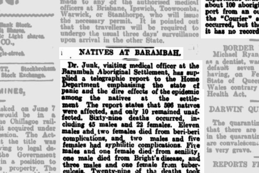 A newspaper article highlights the impact of Spanish Influenza on the Cherbourg population.