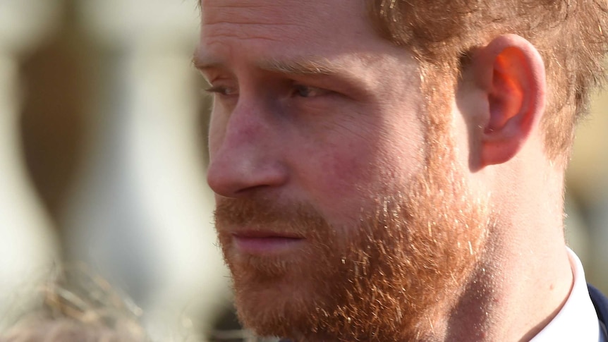 A close up of Prince Harry, he is looking to the left