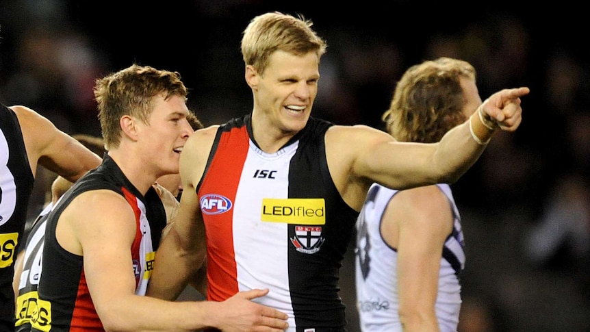 St Kilda's Nick Riewoldt celebrates a goal against Fremantle at Docklands in round 18, 2014.