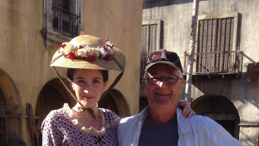 Bob Booker on the set f Pirates of the Caribbean with his daughter in costume.