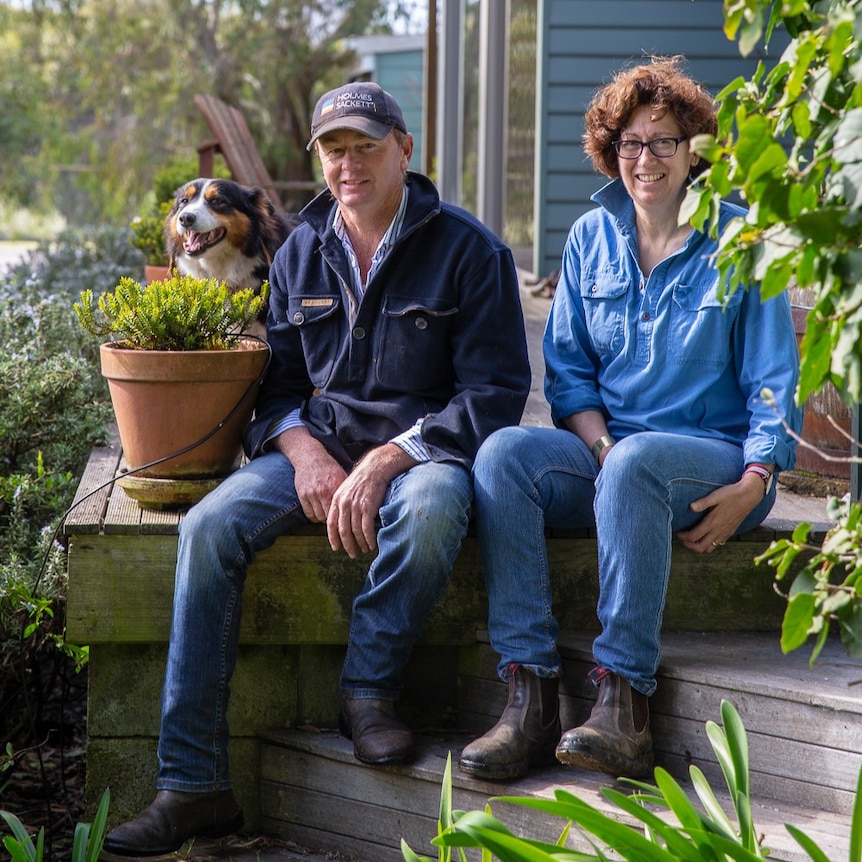 A man and woman sit on the front step of their house with their dog near them.