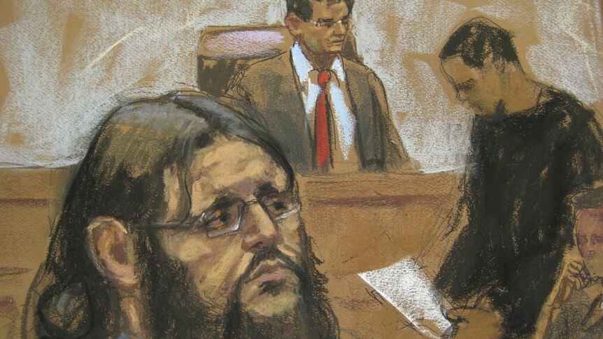 A courtroom sketch shows Adis Medunjanin reacting as a guilty verdict is read out in Brooklyn Federal Court.
