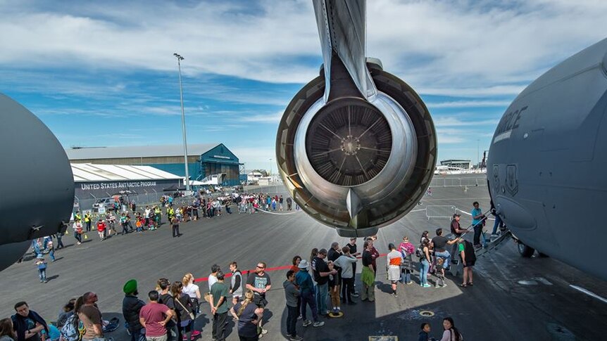 Spectators at Icefest in Christchurch check out a USAF aircraft.