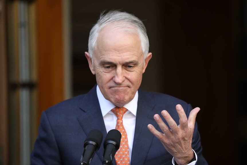 Malcolm Turnbull frowns, looks down and raises his open hand. He is standing at a microphone.