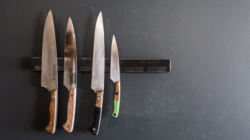 A charcoal grey wall with four knives mounted on a metal strip.
