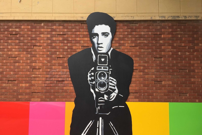 Artwork on a brick wall  showing Elvis Presley behind a camera