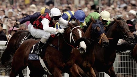 Takeover Target (nearest camera) wins the King's Stand Stakes in 2006 at Royal Ascot.