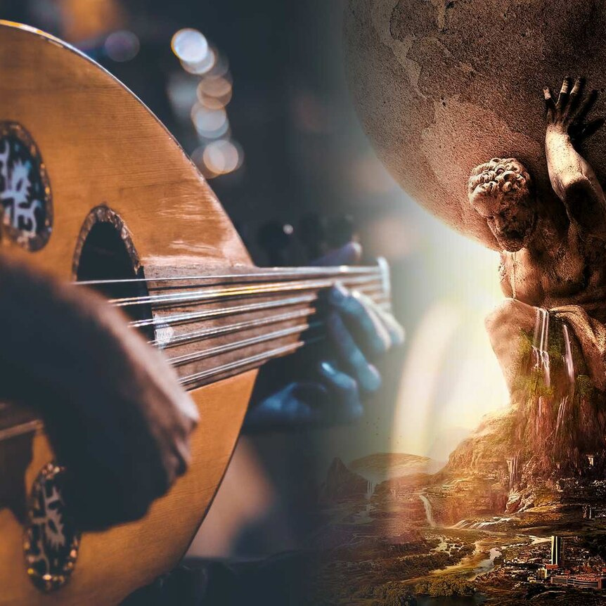 Composite image of an oud and a statue of a man holding the earth on his shoulders