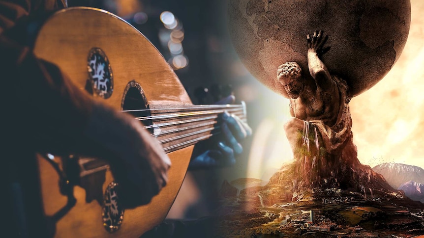 Composite image of an oud and a statue of a man holding the earth on his shoulders