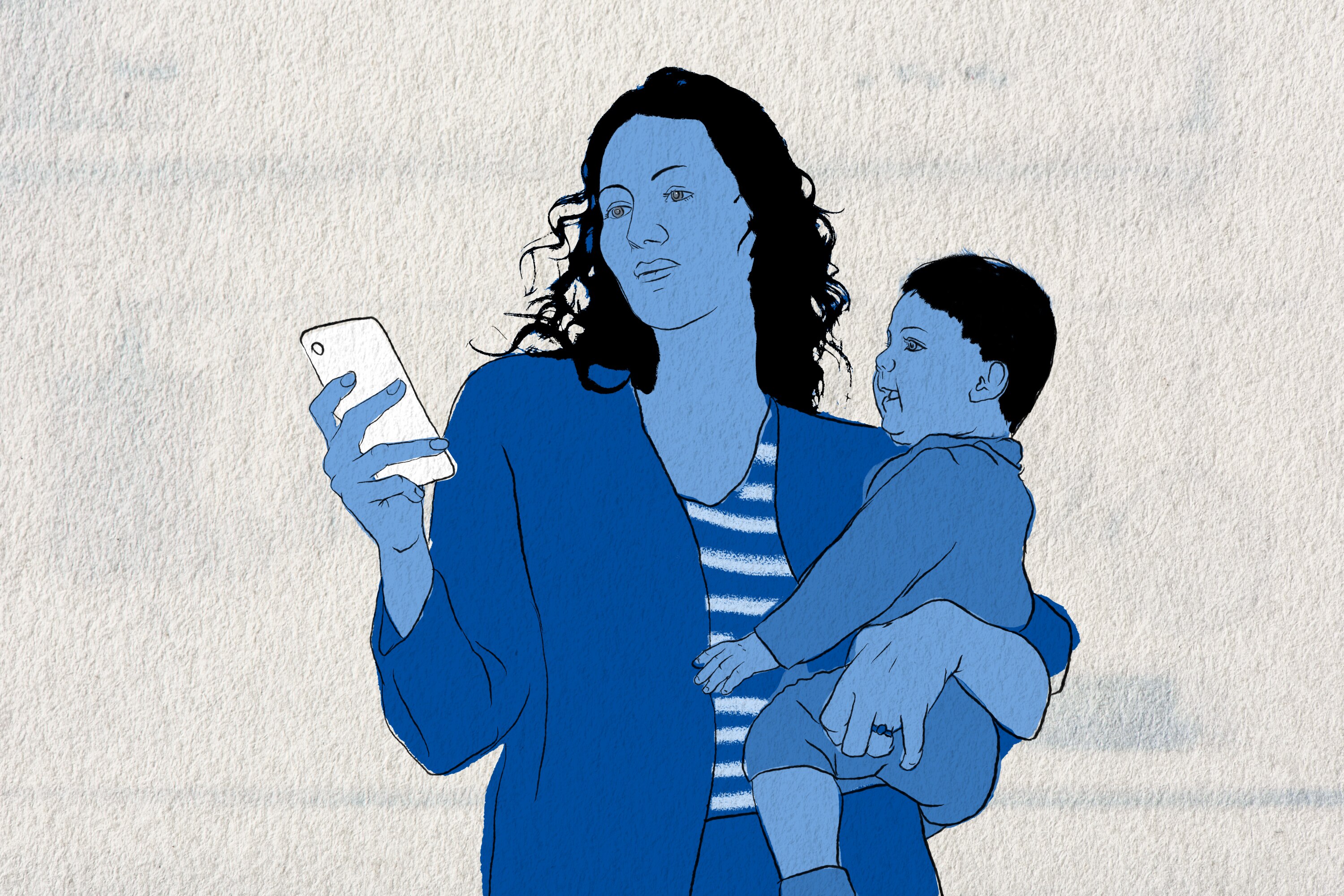 Una ilustración de una madre parada con un bebé en la cadera y desplazándose por su teléfono.