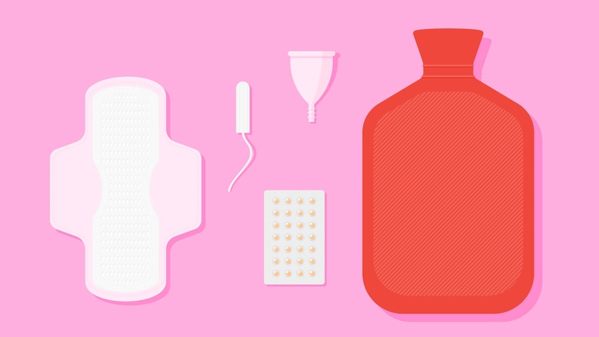 An illustration of a pad, tampon, menstrual cup, hot water bottle and contraceptive pill packet.
