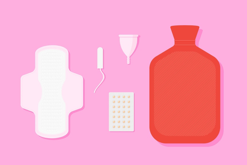 An illustration of a pad, tampon, menstrual cup, hot water bottle and contraceptive pill packet.