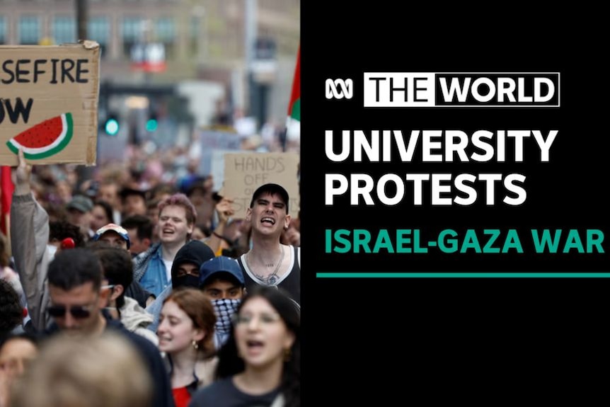 University Protests, Israel-Gaza War: A crowd of people march down a street.