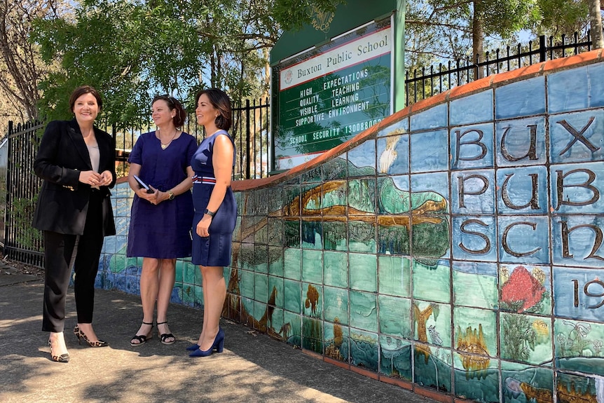 Three women stand outside of a public school.