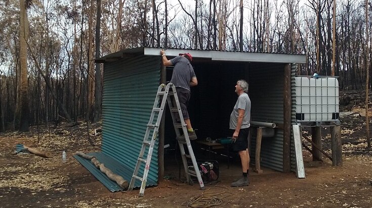 A shed stands in front of burnt out trees. Two men stand in the shed, one on a ladder near the roof.