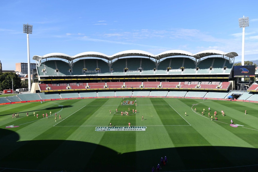 A general view of Adelaide Oval with no spectators in attendance during an AFL match.