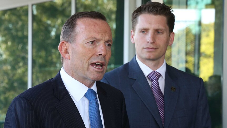 Prime Minister Tony Abbott (left) and Liberal candidate for the seat of Canning Andrew Hastie
