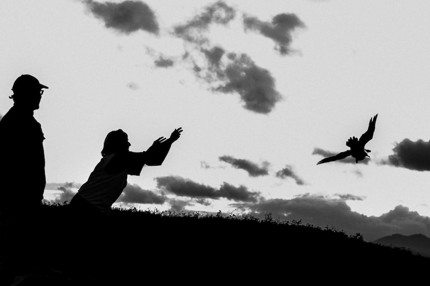 A black and white photo shows a person releasing a bird into the sky in silhouette.