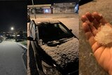 A composite image of a street white with hail, a car and yard covered in hail and a hand holding a big chunk of hail.