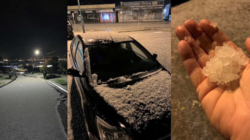 A composite image of a street white with hail, a car and yard covered in hail and a hand holding a big chunk of hail.