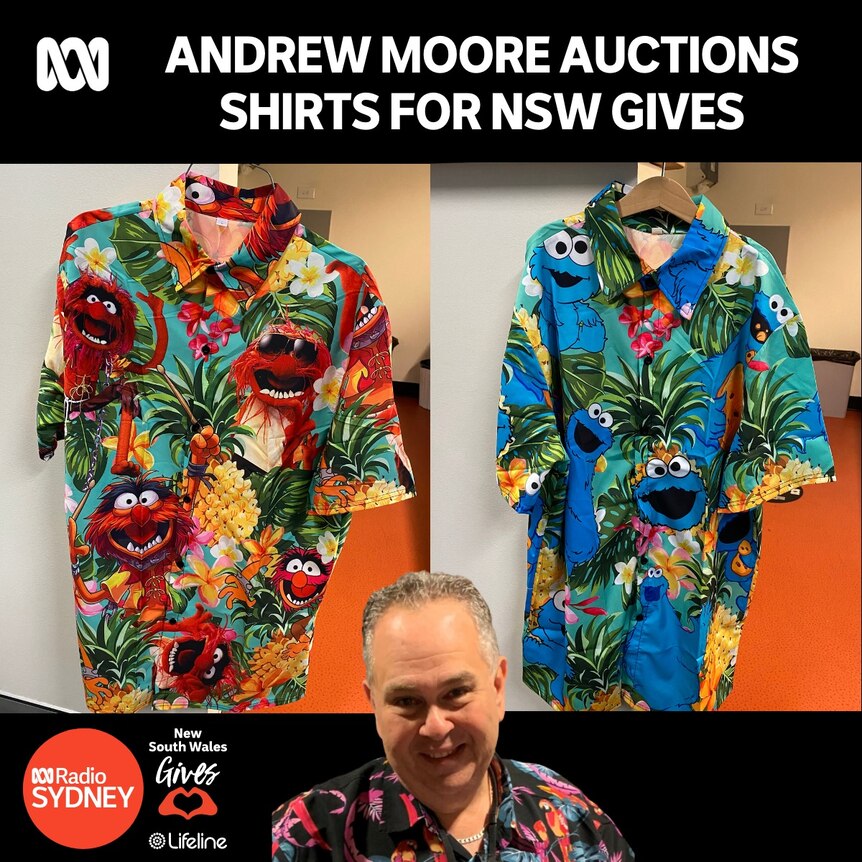 An ad for an ABC charity auction featuring a presenter and his Hawaiian shirts.