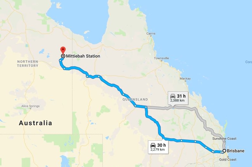 A map of Queensland and NT showing the drive time from Mittiebah Station to Brisbane