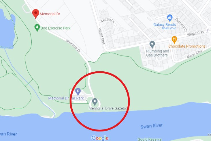 A map showing the location in Bayswater, marked with a red circle, where a cat was found drowned in the Swan River.