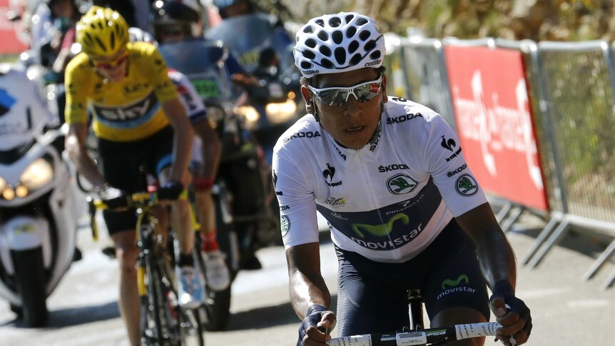 Colombia's Nairo Quintana sprints clear of Britain's Chris Froome to stage 20 of the Tour de France.