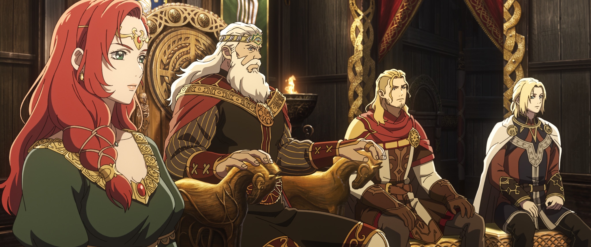 A still from an animated film showing a king seated on a thrown flanked by four seated figures