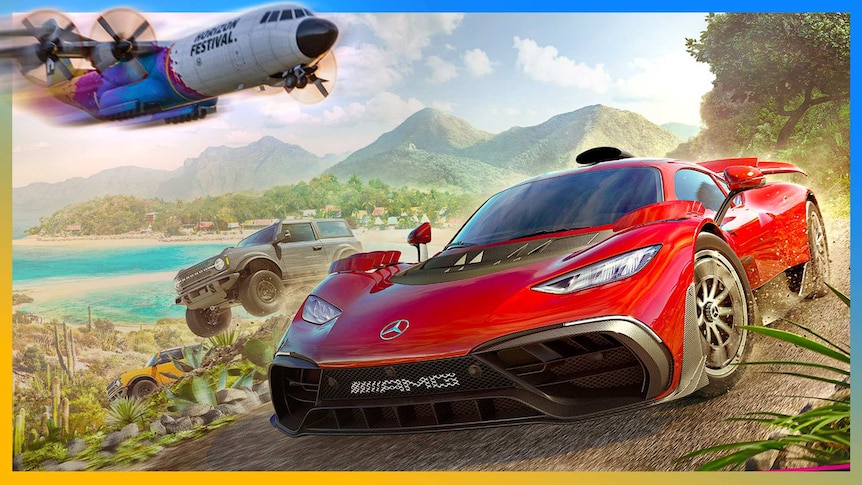 A big red red sports car zips towards the viewer. A Horizon Festival plane flies above.