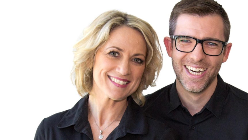 A profile shot of a blonde woman and a man with short hair and glasses.