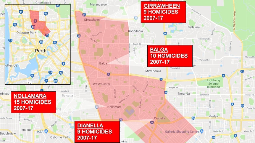 A Google map with a red area showing suburbs over-represented by homicide crimes and pointers to each one.