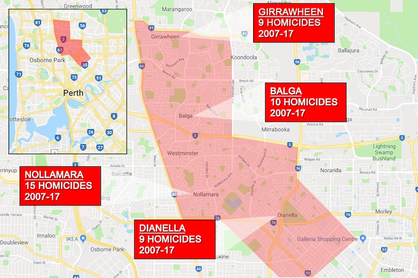 A Google map with a red area showing suburbs over-represented by homicide crimes and pointers to each one.