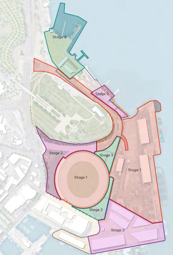 Mappa concettuale che mostra le diverse fasi di costruzione a Macquarie Point.