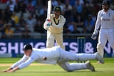 An England fielder dives but misses the ball as Alex Carey watches on