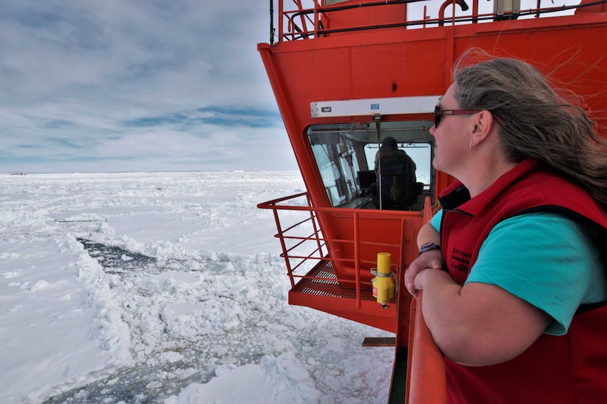 Woman looking over pack ice from a red vessel. She is wearing a red vest, green tshirt and sunglasses. Figure visible inside