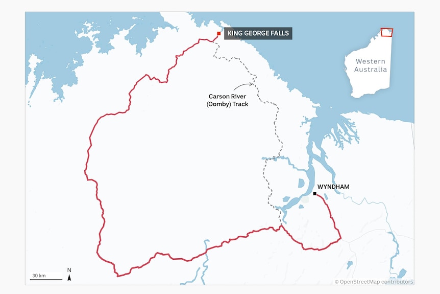 A map showing Wyndham to King George Falls in the northern Kimberley.